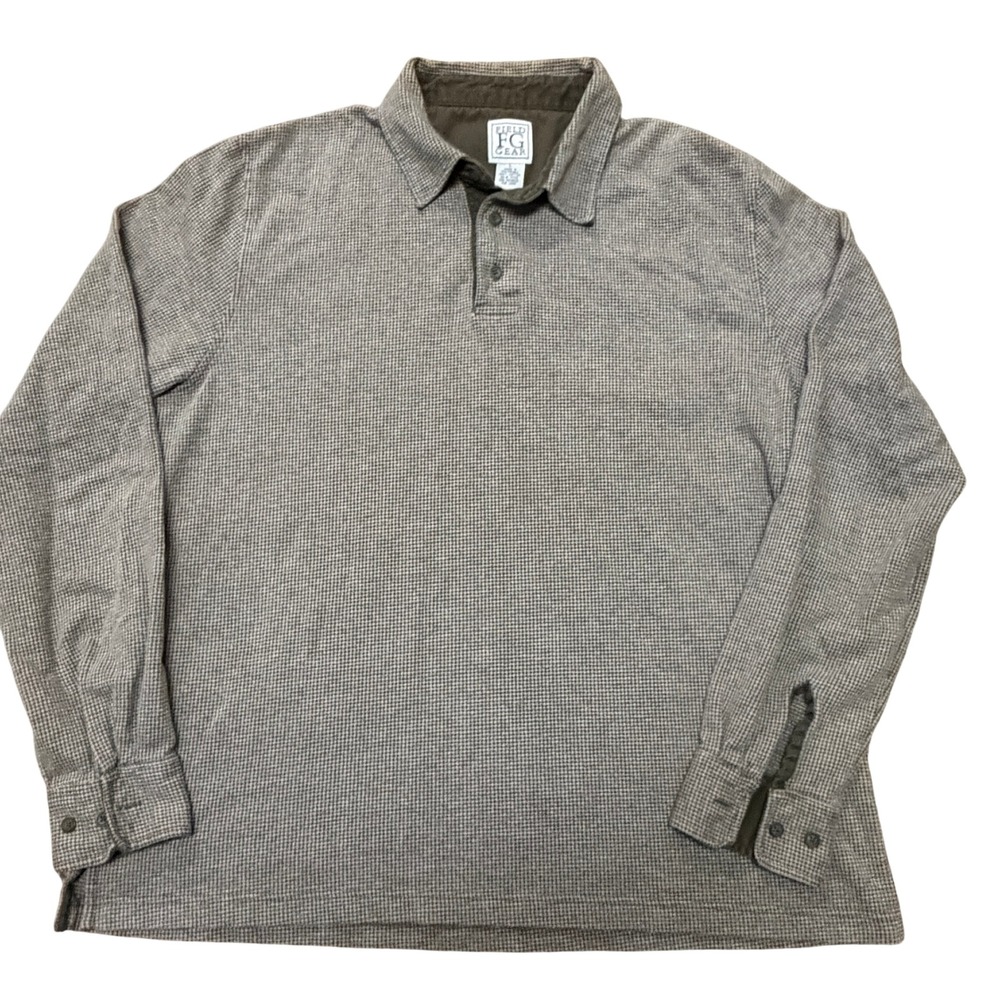 Field Gear Long Sleeve‎ Polo Shirt Olive Houndstooth Button Cuff Large
